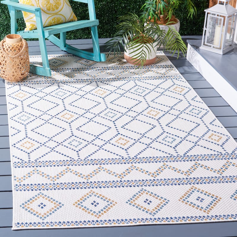 SAFAVIEH Courtyard Orlinda Indoor/ Outdoor Rug - 4' x 5'7" - Ivory/Navy Yellow