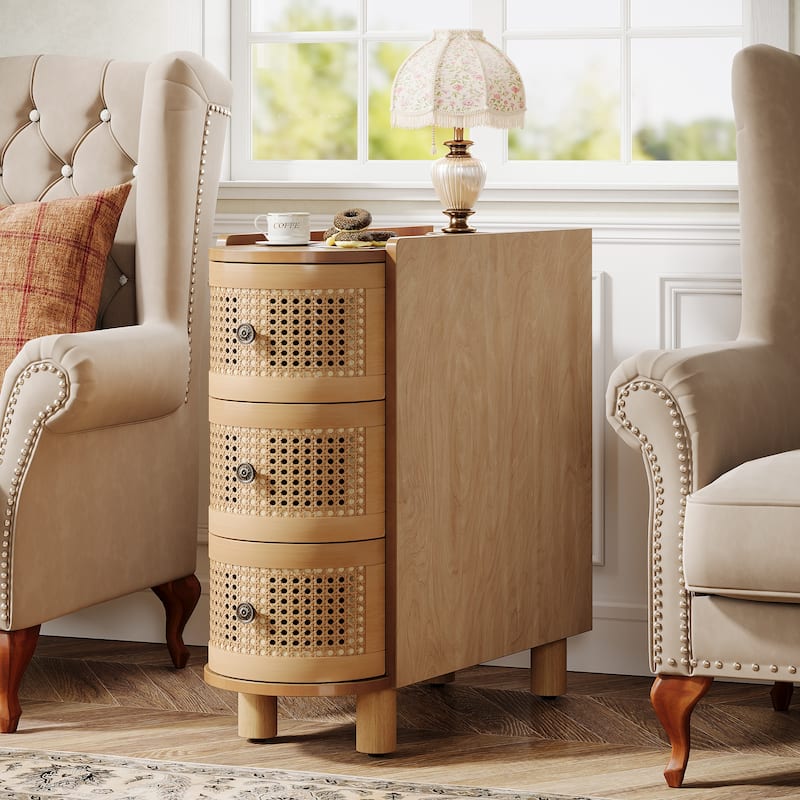 Solid Wood End Side Table 3-Drawer Rattan Bedside Table Nightstand