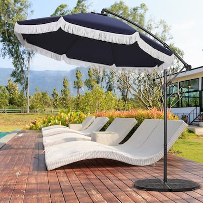Outdoor 9Ft Hanging Cantilever Umbrella Fiberglass Ribs Patio Umbrella with Fringe Tassel