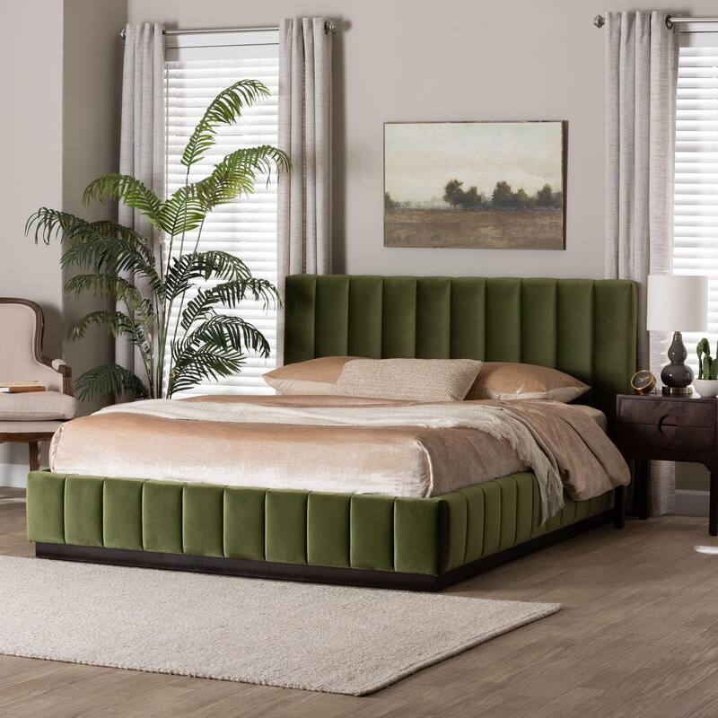 Granger Velvet Upholstered Platform Bed with Channel Tufted Headboard, Modern Low Profile Bed Frame
