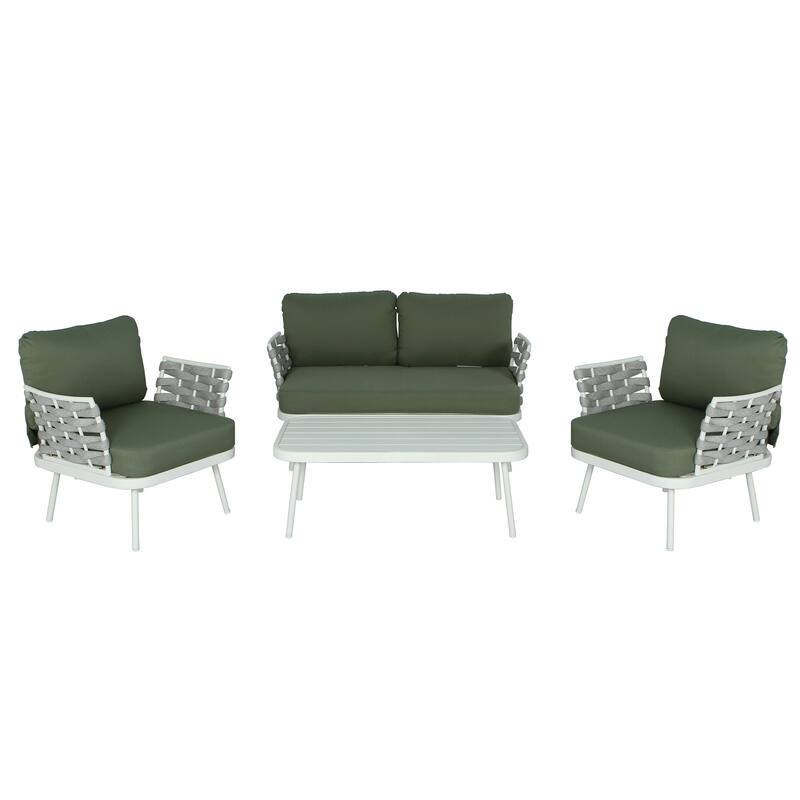 Roomfitters Steel 4-Piece Outdoor Conversation Set with Woven Rope Armrests and Cushions