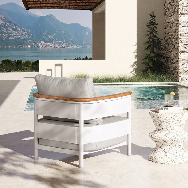 Rhodes Upholstered Teak & Aluminum Outdoor Patio Conversation Set - Single Chair - Birch Gray Chenille
