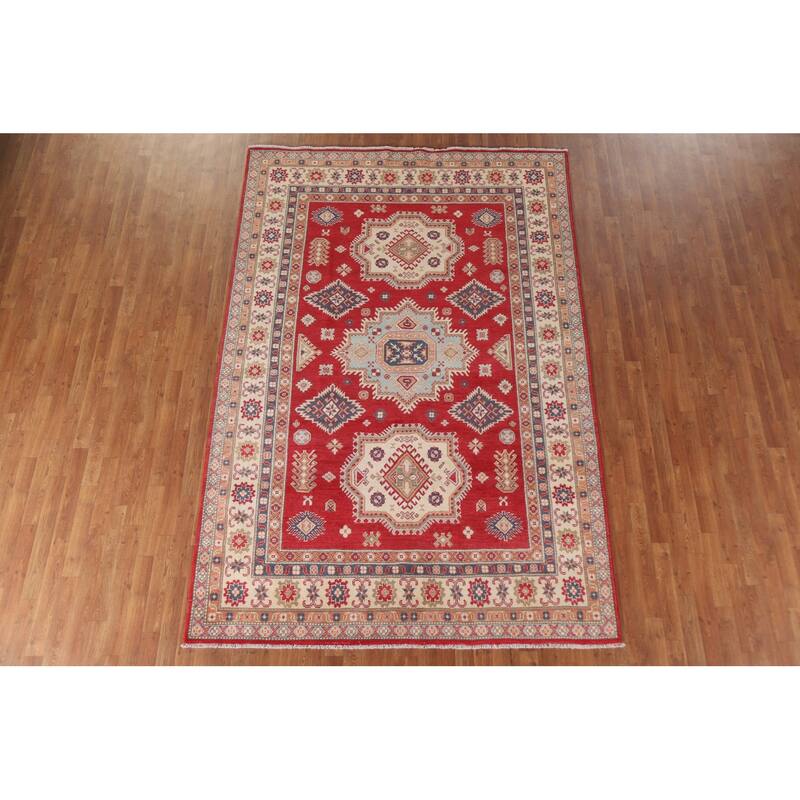 Hand Knotted Oriental 100% Wool Carpet Traditional Geometric Red Kazak Area Rug - 9' 10'' X 6' 7''