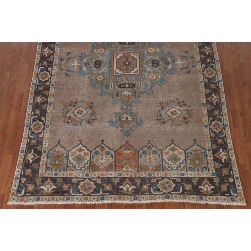 Brown Geometric Tabriz Vintage Rug Handmade Wool Carpet - 6'3"x 9'6"