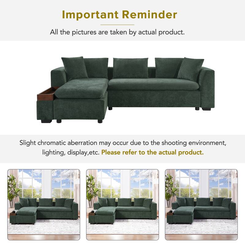 Chenille Sectional Sofa L-shaped Sofa with Wooden Storage Compartment, Tufted Couch Upholstered Sofa Couch with Pillows