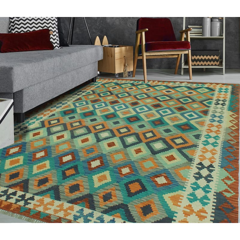 Hand-Woven Sangat Kilim Zehra Rust/Blue Rug - 6'9" x 9'7"