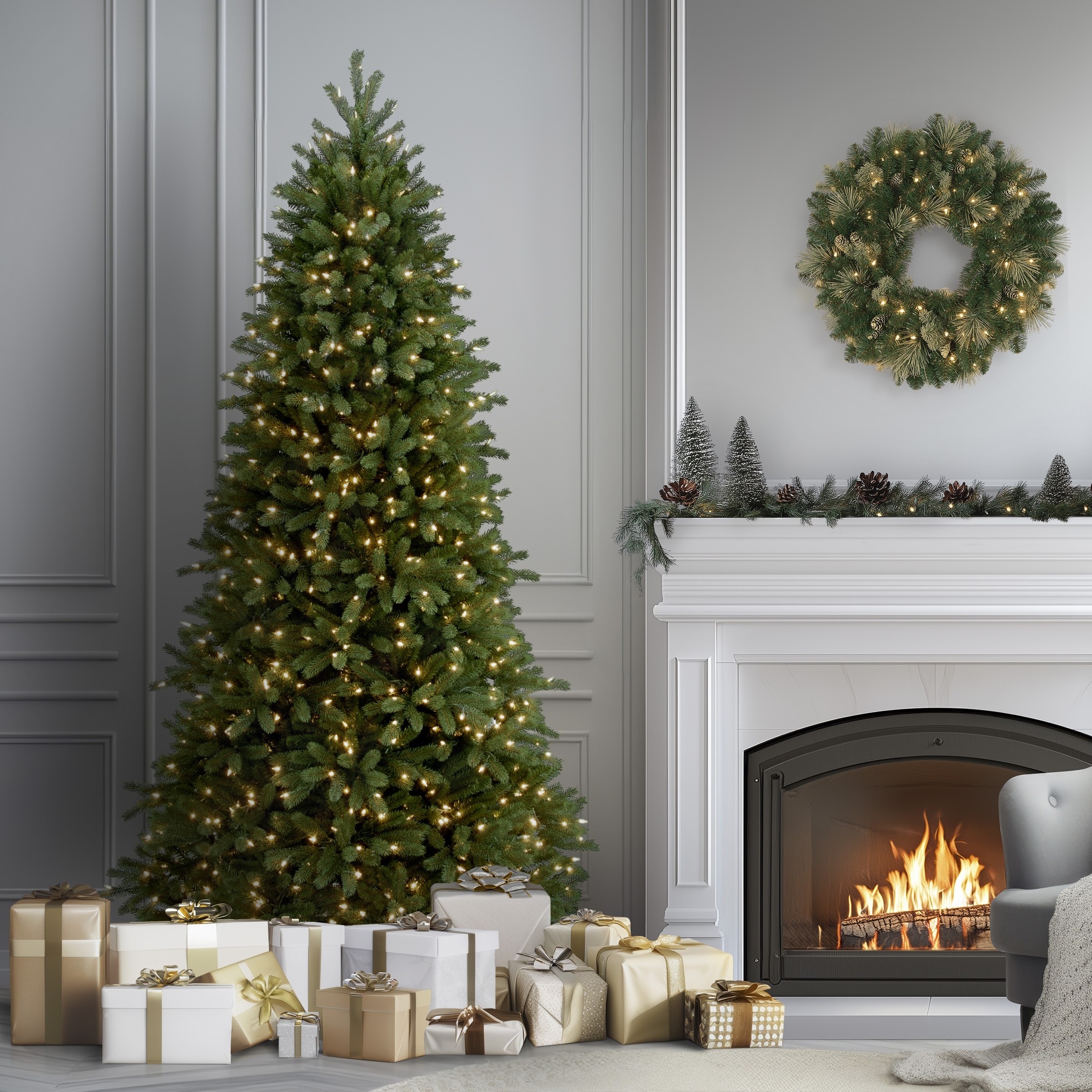 National Tree Company 6.5 ft. Feel-Real® Jersey Fraser Fir Slim Hinged Tree with 700 Clear Lights- UL - 6.5 Foot