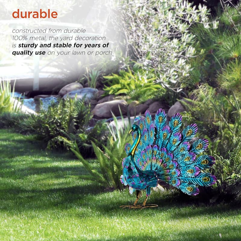 Alpine Corporation Tall Outdoor Metallic Peacock Standing Yard Statue Decoration, Multicolor
