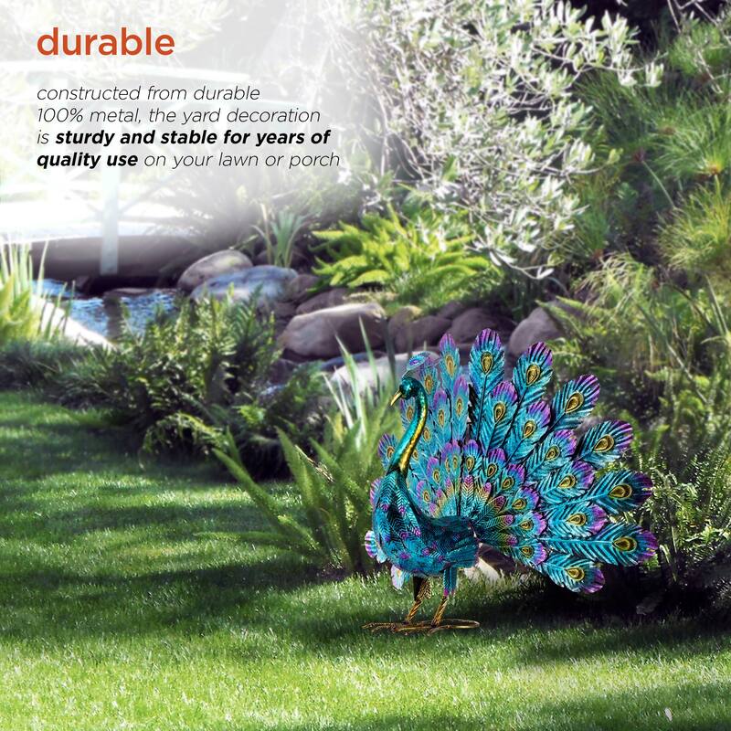 Alpine Corporation 23" Tall Outdoor Metallic Peacock Tail Spread Yard Statue Decoration, Multicolor