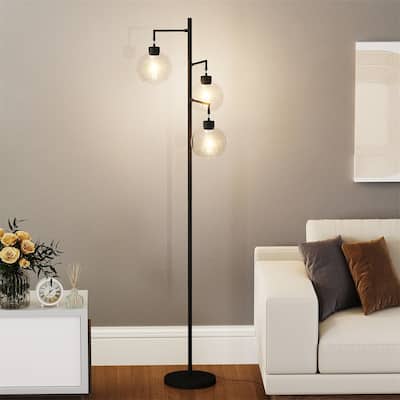67" Tree-Shaped Living Room Floor Lamp with 3 Lights, Glass Lampshade and Foot Switch