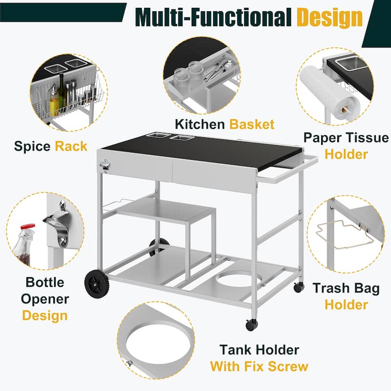 Outdoor Metal Bar Cart with Multifunctional Storage - N/A