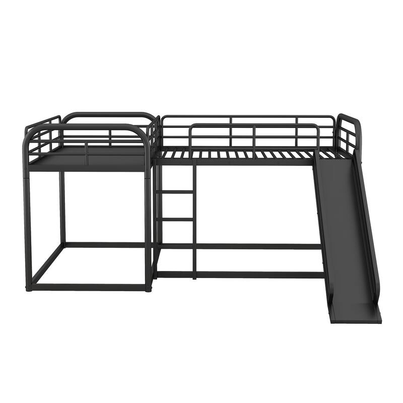 Full and Twin Size L-Shaped Bunk Bed with Slide & Short Ladder, Metal Bunk Bed Frame for 4 Kids, Teens, No Box Spring Required