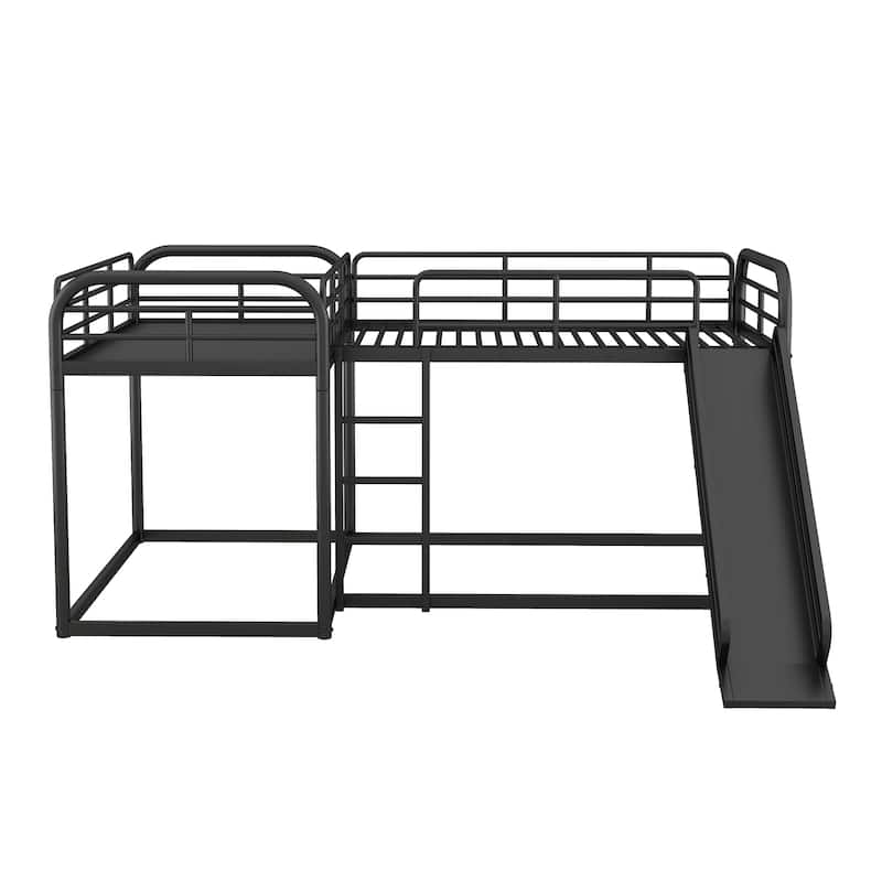 Roomfitters L-Shaped Full and Twin Bunk Bed with Slide, Short Ladder and Space-Saving Design
