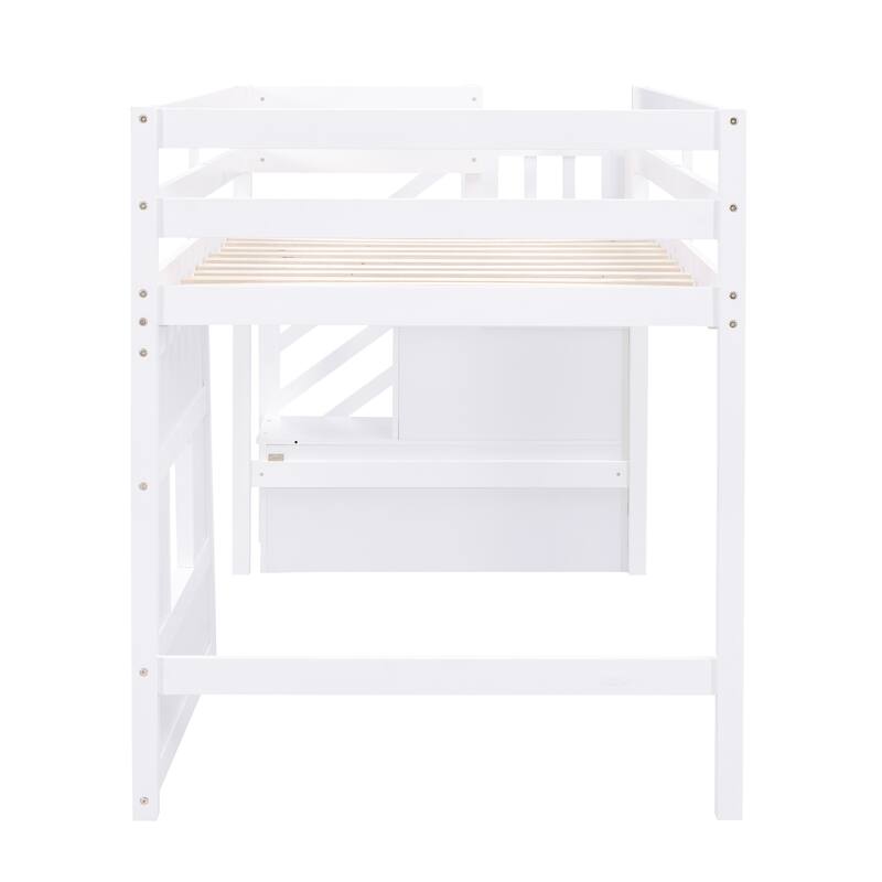 Twin Size Loft Bed with Storage Staircase, Window, and LED Light, White