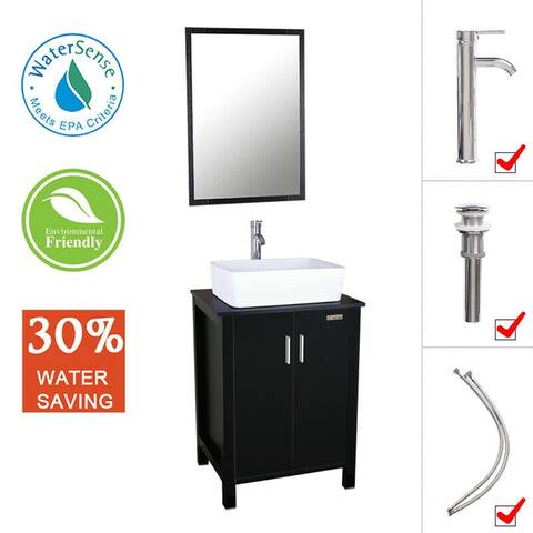 Eclife 24" Bathroom Vanity Set Tempered Glass/ Ceramic Vessel Sink Black Cabinet Mirror Combo Free-standing