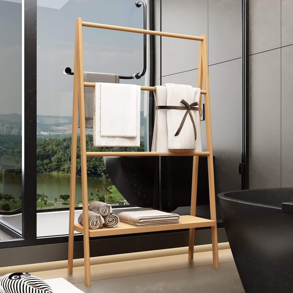 52" Tall Freestanding Bamboo Wood Ladder Towel Rack with Storage Shelf and 3 Shelves