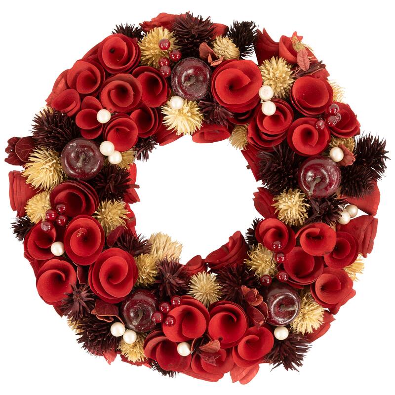 Red Wooden Roses with Apples and Pearls Artificial Christmas Wreath 13-Inch Unlit. - 13"