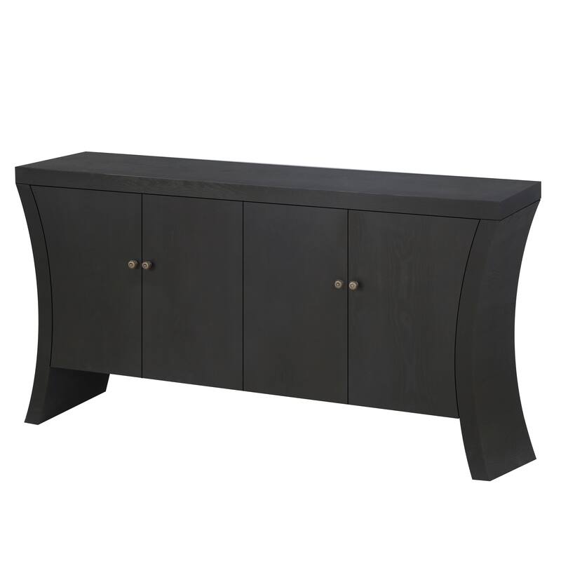 GDFStudio - Industrial 4-Door Credenza with Wooden Arc Legs & Bronze Clasps, Solid Wood Storage Cabinet