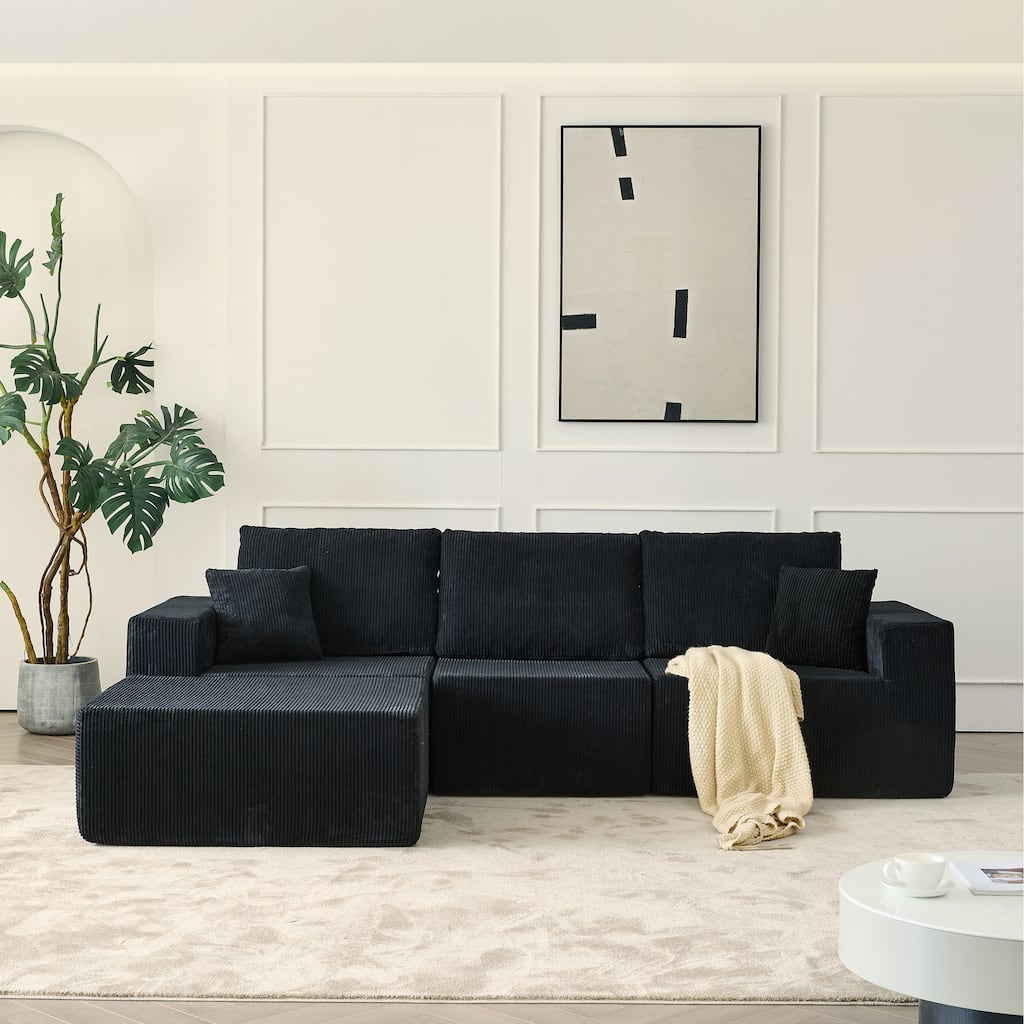 Modular L Shaped Sectional Sofa with Ottoman, Corduroy Boneless Cloud Sofa, 3 Seater Upholstered Sofa with 2 Pillows