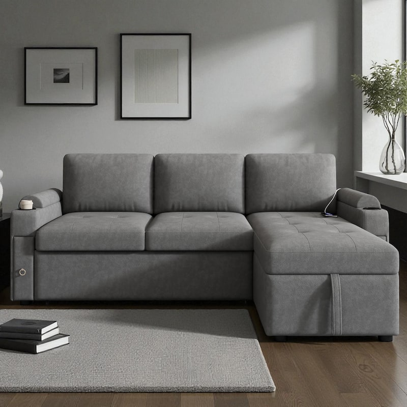 83.5" L-Shaped Convertible Sectional Sofa Bed with Storage Chaise Cup Holders USB Ports Chenille Couch for Living Room - Grey