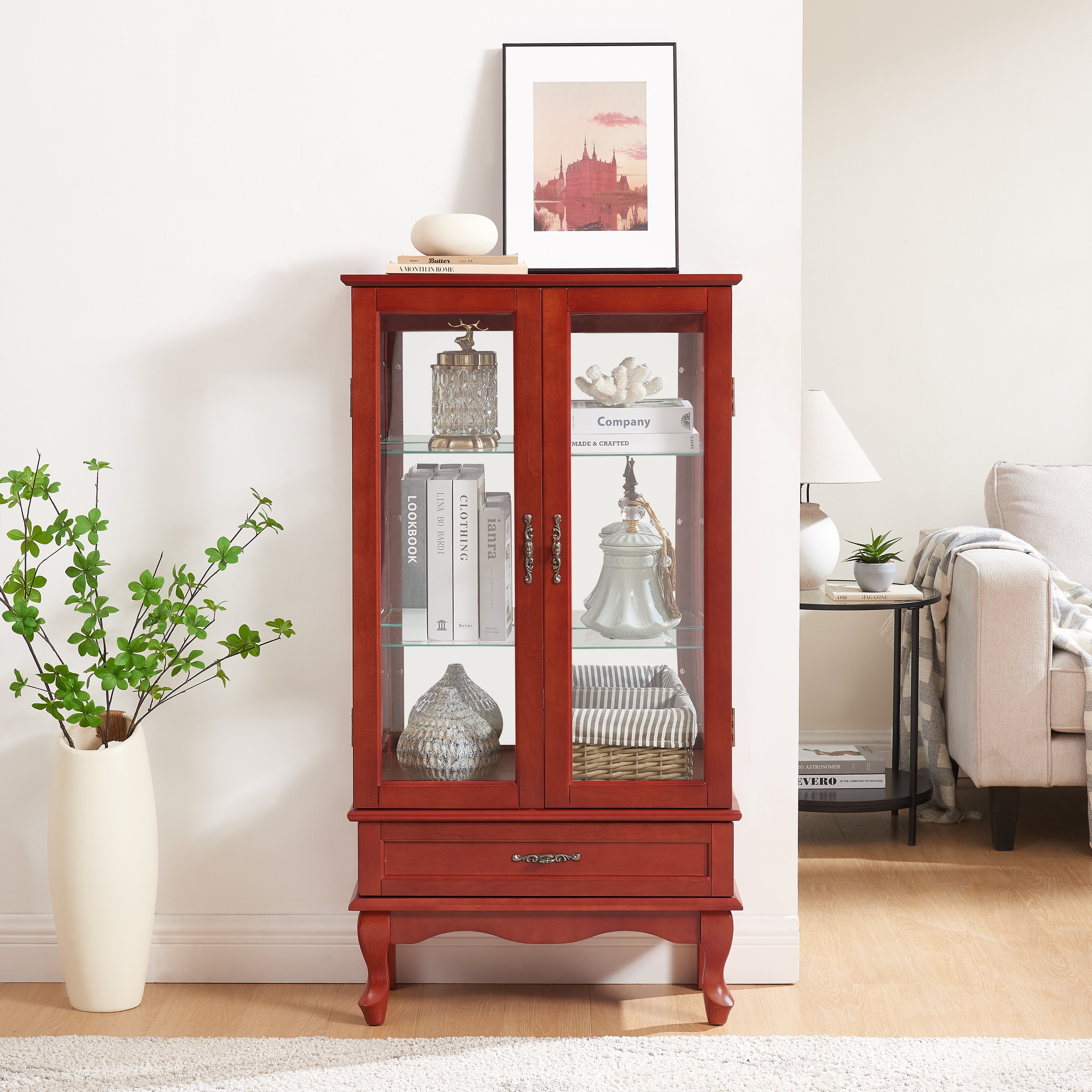 Lighted Glass Cabinet Glass Curio Display Cabinet with Adjustable Glass Shelves 2 Doors and 1 drawer Cabinet Bulb Included