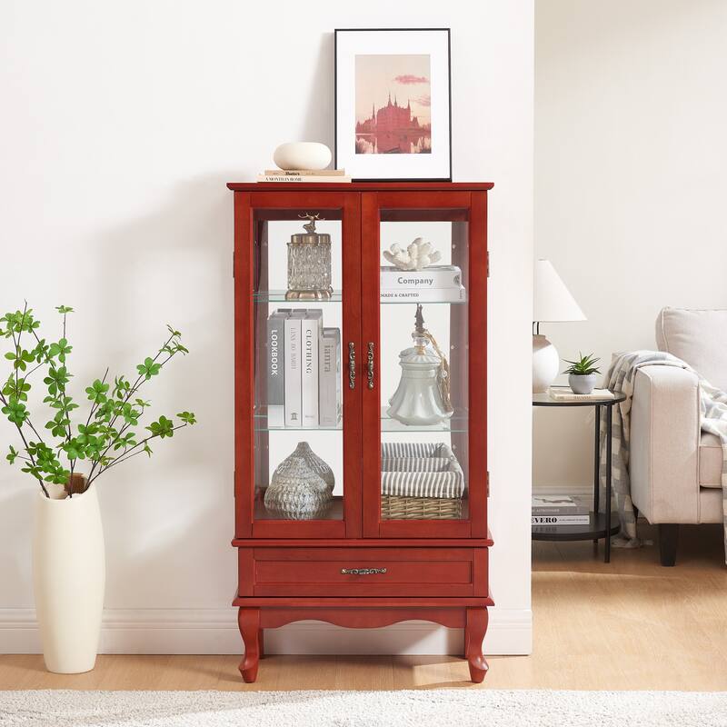 Lighted Glass Display Cabinet Glass Wine Cabinet with Adjustable Glass Shelves Two Doors and One Drawer Bulb