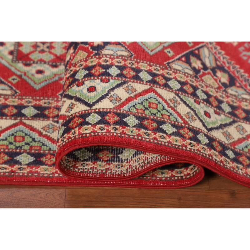 Geometric Kazak Area Rug Hand-Knotted Oriental Wool Carpet - 4'10" x 6'6"