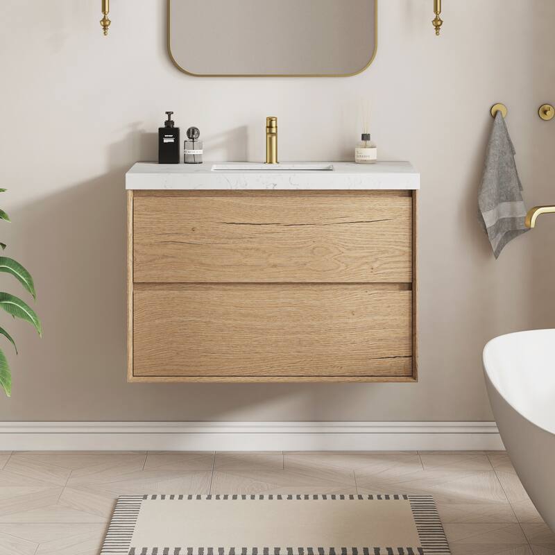 Sylphar 36 inch Bathroom Vanity with Sink, Floating Oak Cabinet with Stone Top - 1 Set Of Natural Oak Vanity