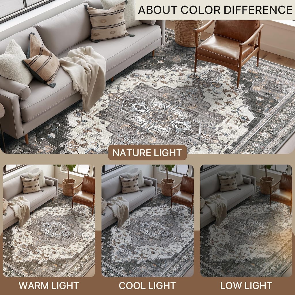 Mcow Retro Floral Medallion Low Pile Lightweight Non Slip Area Rug