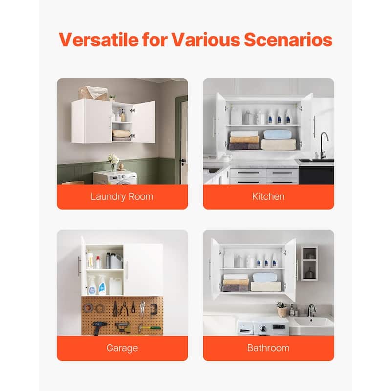 White Wall Cabinet with Adjustable Shelves and 2-Door Laundry Room Storage for Bathroom or Kitchen - 16" x 36" x 24"