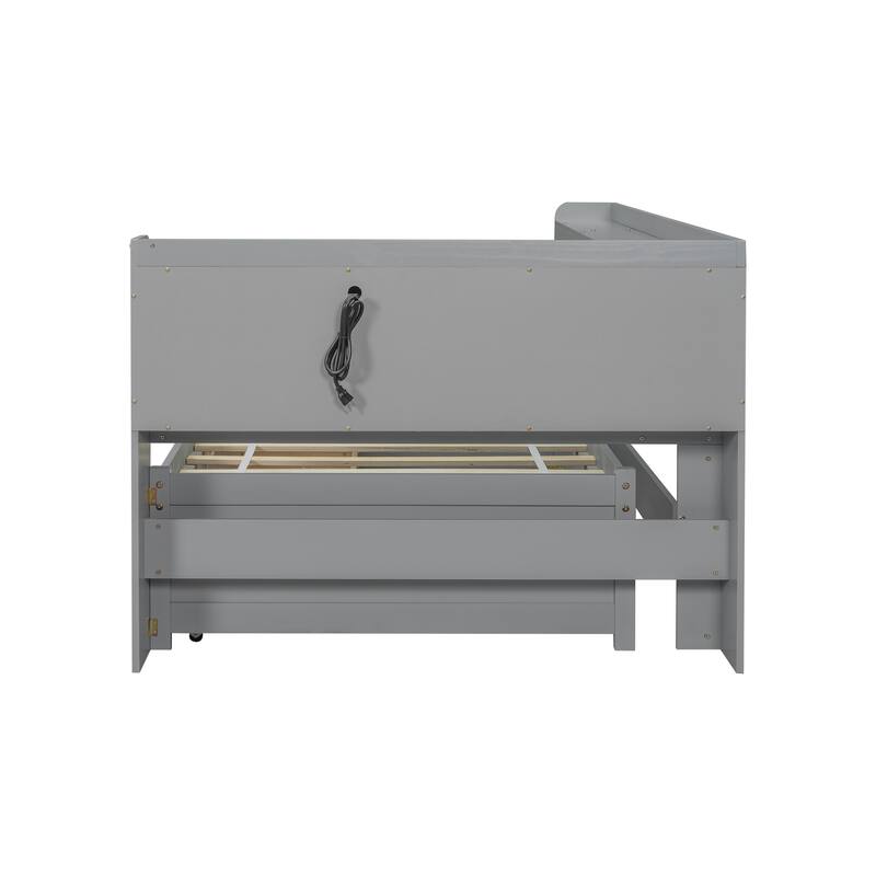 Twin Size L-Shaped Bookcase Bed with USB Charging Ports, Power Outlets & Storage Drawers, Grey