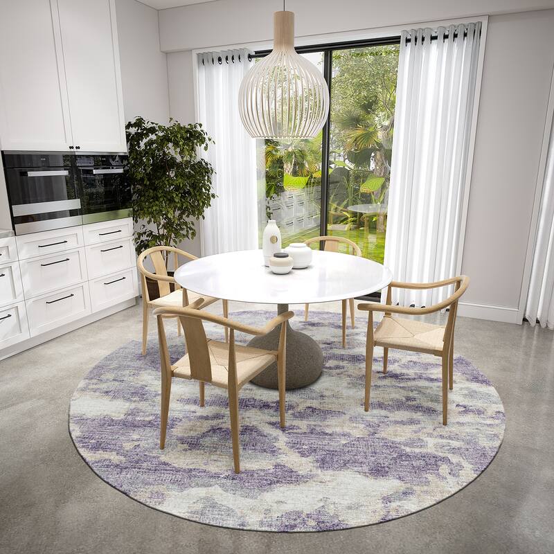 Indoor/ Outdoor Accord Modern Waves Washable Rug New - 8' x 8' Round - Purple Mauve Silver