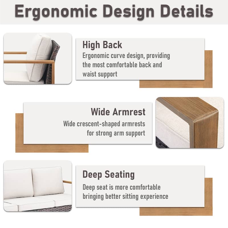 Gymojoy Patio PE Wicker 3-Seat Sofa with Ottomans - Brown