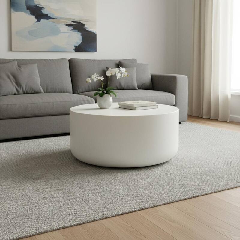 HomeRoots 31" White Cement Round Drum Coffee Table - 31.00 in. x 16.00 in. x 31.00 in. - White