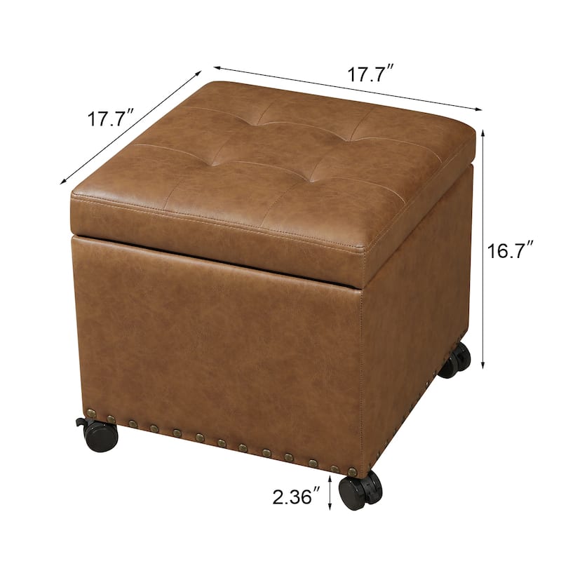 Adeco Bonded Leather Storage Ottoman Square Tufted Cube Footstool