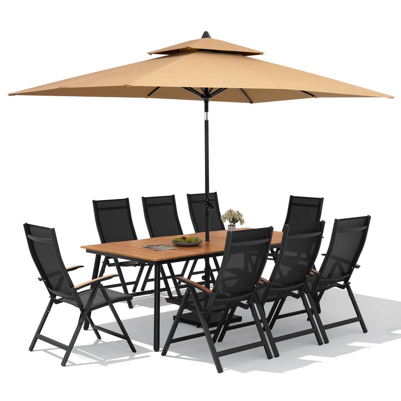 11PC Outdoor Patio Dining Set Aluminum Table with Folding Armchairs w/ Premium Market Umbrella Sets