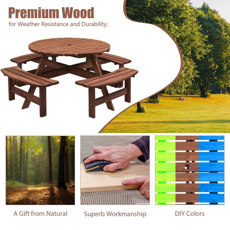 8 Person Wooden Picnic Table - Outdoor Camping Dining Table with Seat, Garden DIY with 4 Built-in Benches, 2220 lb Capacity