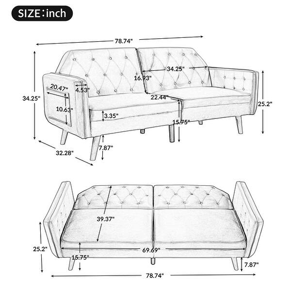 Sofa Bed, Velvet Upholstered Modern Convertible Folding Futon Lounge