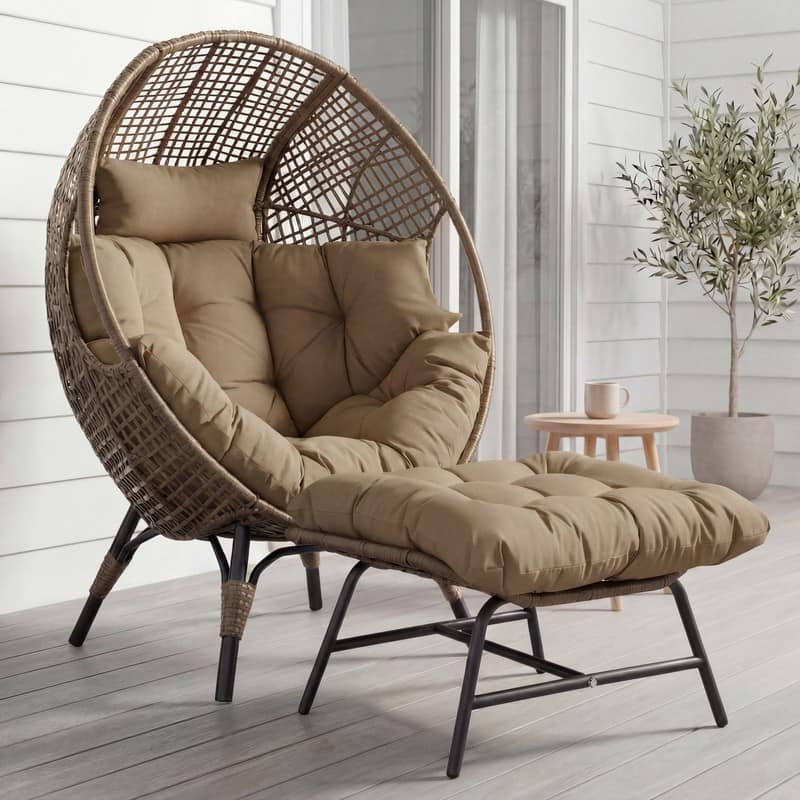 Outdoor Wicker Egg Chair with Ottoman, 6.5" Cushions, 440 lb Capacity - 1 PC-Brown