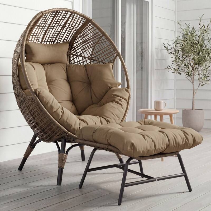 Oversized Wicker Egg Chair with Ottoman, 6.5" Thick Cushions, 440 lb Capacity, Stationary Boho Indoor/Outdoor Lounge Chair - Brown