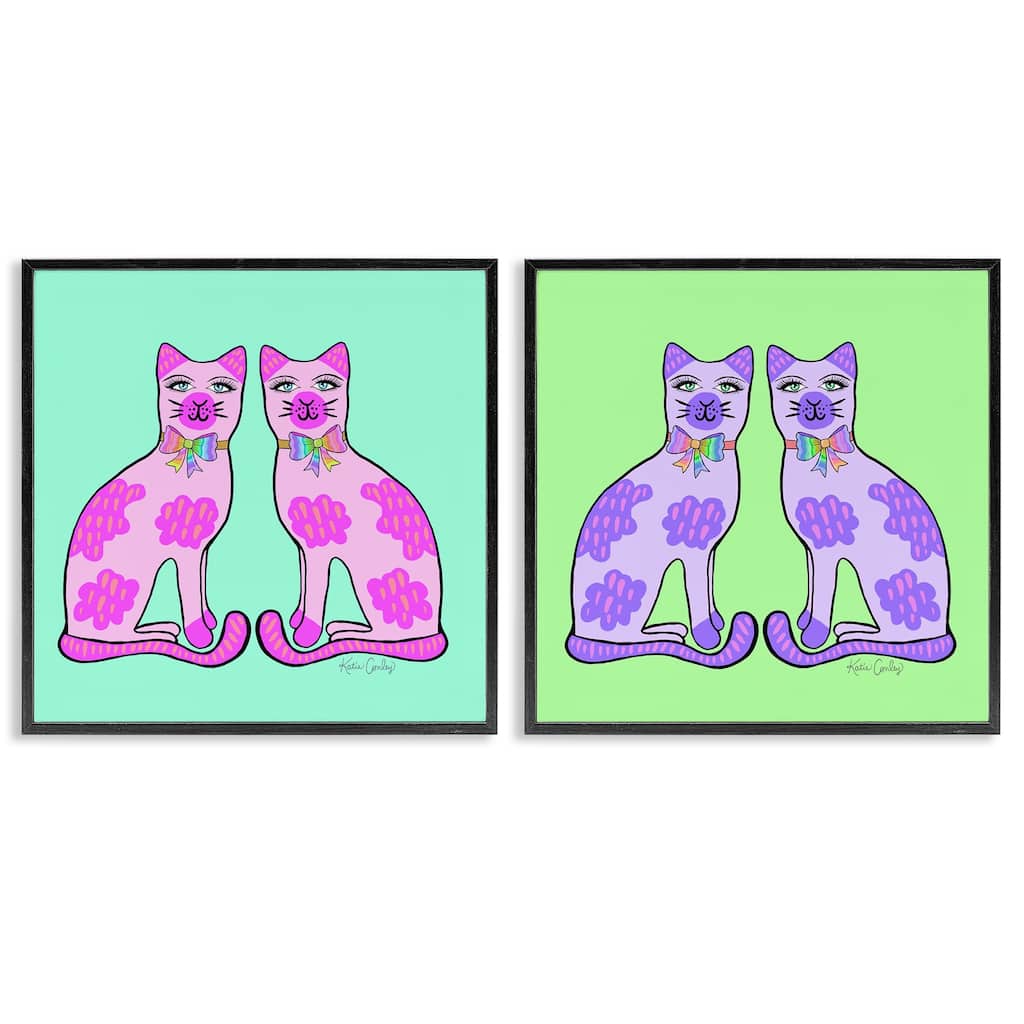 Stupell Bright Purple Cat Pairs Framed Giclee Art Design By Katie Conley (Set of 2)