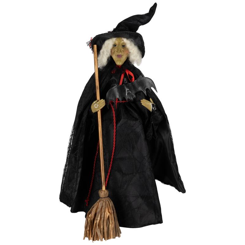 Dark Witch with Bat and Broom Halloween Figure - 18" - Black