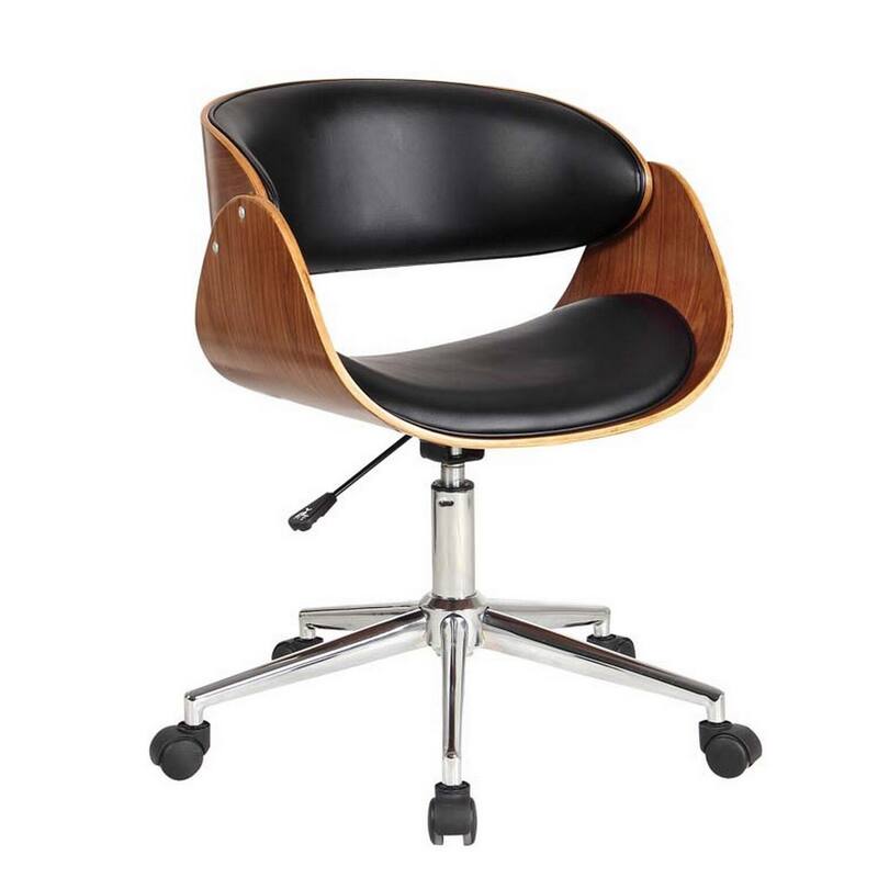 Black Faux Leather Office Chair with Wood Frame, 360 Swivel Seat, Chrome Base and Rolling Wheels