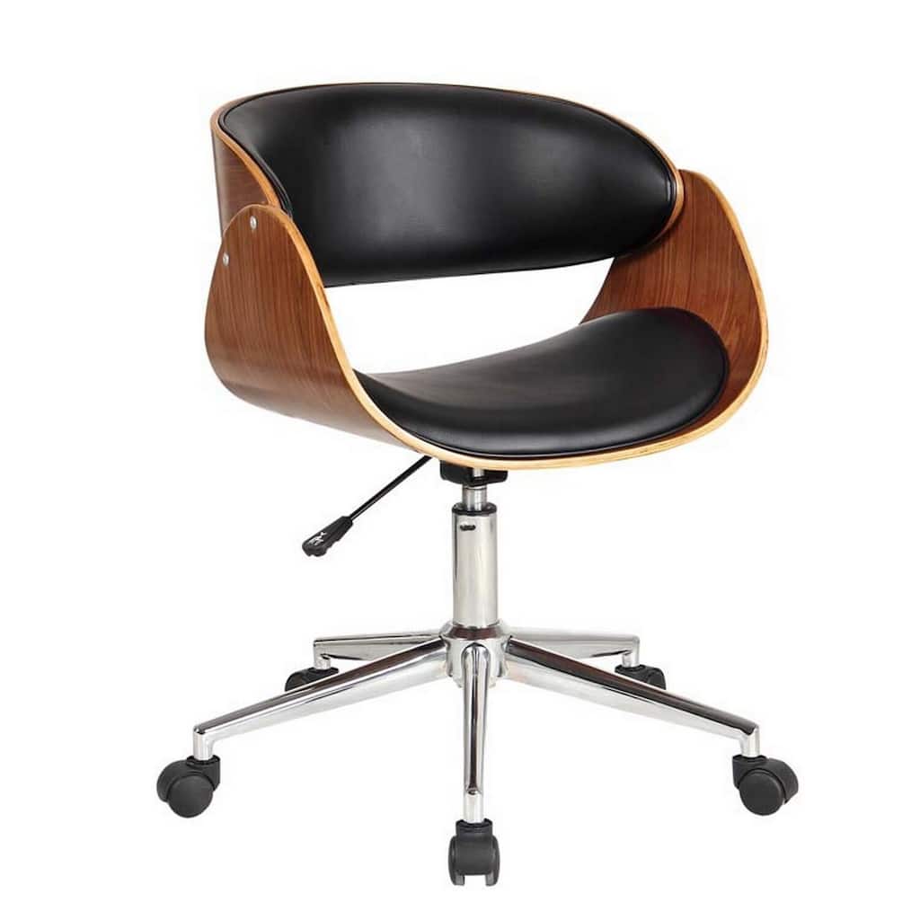 Black Faux Leather Office Chair with Wood Frame, 360 Swivel Seat, Chrome Base and Rolling Wheels
