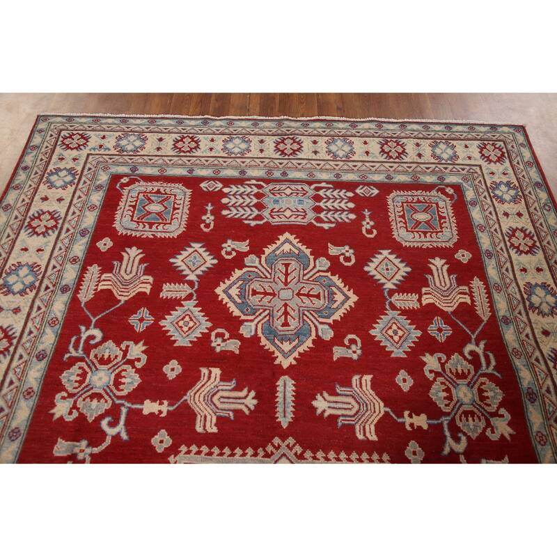 Red Geometric Kazak Living Room Area Rug Hand-Knotted Wool Carpet - 6'7" x 10'1"