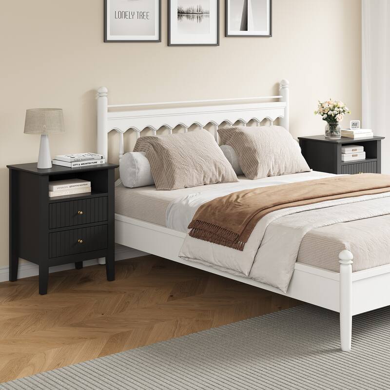 Fluted Nightstand with 2 Drawers and Storage Shelf, Ideal for Bedroom, Living Room, Black