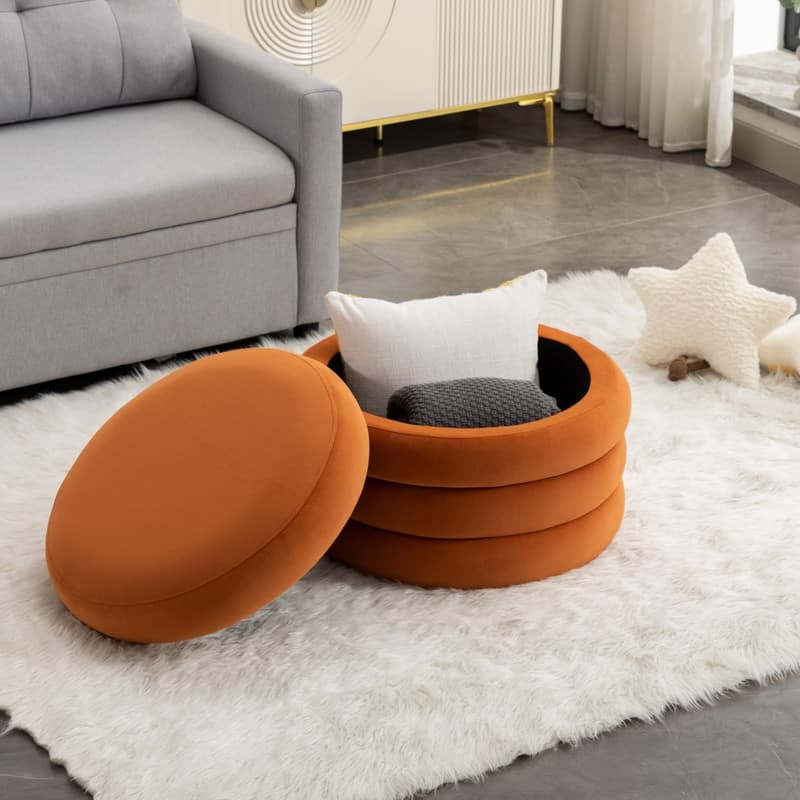 Velvet Fabric Storage Round Ottoman Footstool With Wooden Shelving