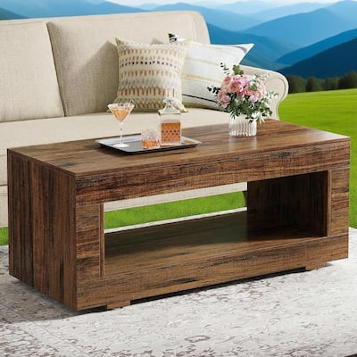 Brown Rectangular Coffee Table with Open Shelf and Smooth Wood Finish for Living Room or Office - 43.31" x 19.69"