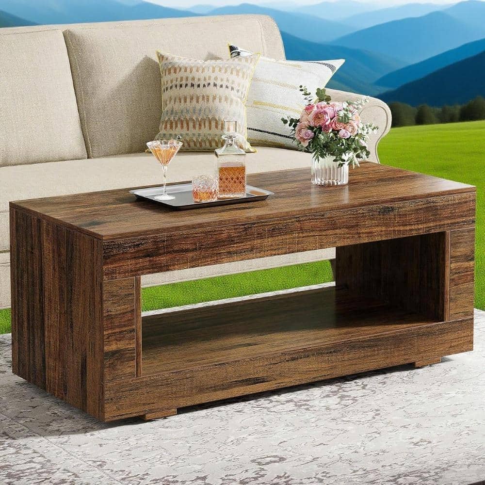 Brown Rectangular Coffee Table with Open Shelf and Smooth Wood Finish for Living Room or Office - 43.31" x 19.69"