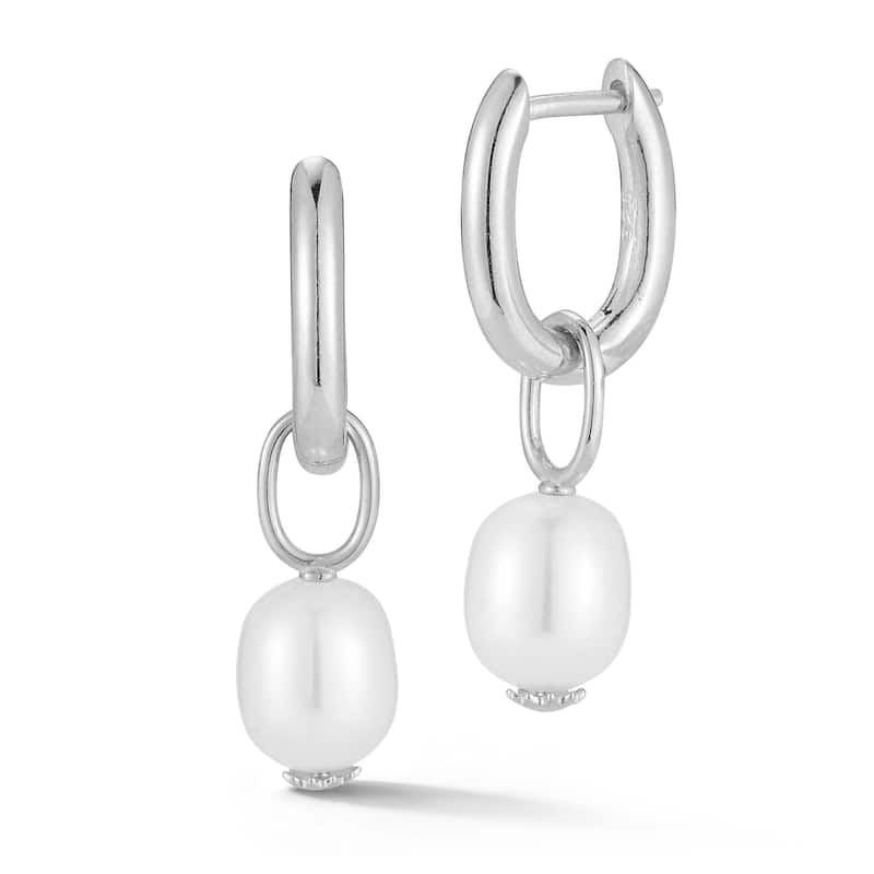 Soleil Sterling Silver Oval Freshwater Pearl Charm Hoop Earrings - White